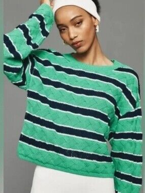 Maeve Green Navy Striped Coastal Nautical Striped Woven Cropped Sweater Large